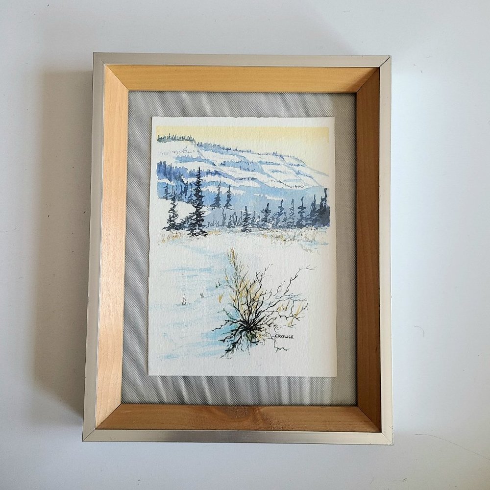 Original watercolor art signed by Crowle. Winter landscape.